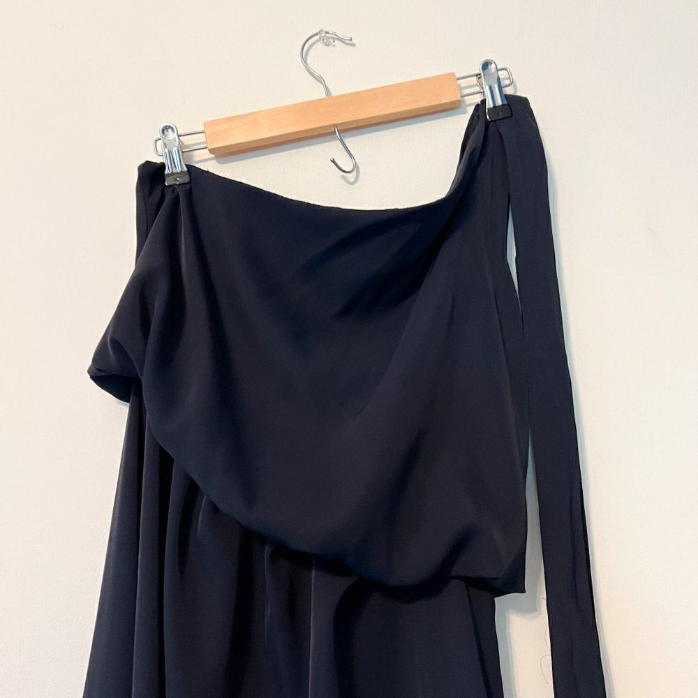 Amy Lynn Navy Blue One Shoulder Tie Satin Evening Midi Dress Size Medium - Picture 10 of 11